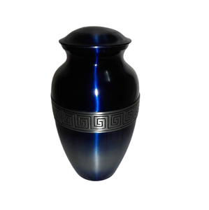 Urne funéraire élégante en laiton bleu, motif grec, pour cendres d'adultes, urne commémorative, bande grecque métallique bleue, urne funéraire pour humain. - Product Image 1