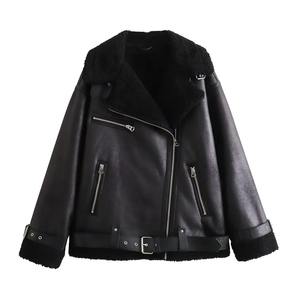 Veste en faux cuir PU pour femmes Veste décontractée à revers pour femme Manteau en cuir de moto pour femmes - Product Image 2
