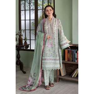 Conjunto de 3 Piezas de Chifón Estilo Bohemio, Camisa de Manga Larga Transpirable con Estampado y Bordado, Dupatta y Pantalones - Product Image 1