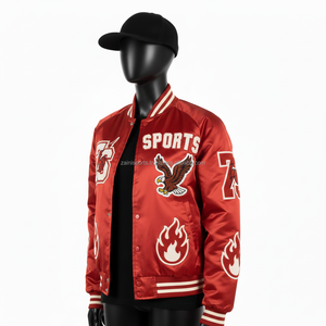 Chaqueta de Satén para Mujer, Tela Suave y Brillante en Rojo con Logotipo Bordado, Apliques y Diseño de Paneles Acanalados, Chaquetas de Satén para Mujer - Product Image 4