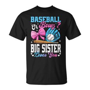 T-shirt 'Big Sister Loves You' per Rivelazione del Sesso del Bambino, Design Baseball o Fiocchi per Eventi Promozionali - Product Image 1