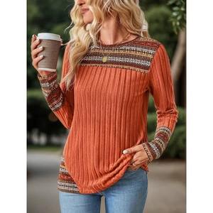 Camiseta Casual de Manga Larga con Cuello Redondo y Estampado para Mujer, Tejido de Punto Cómodo - Product Image 1