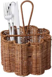 Handwoven Rattan Scalloped Cutlery Caddy Handmade Wicker Flatware Organizer and <b>Utensil</b> <b>Holder</b> for Home Decor and Dining Table - Product Image 3