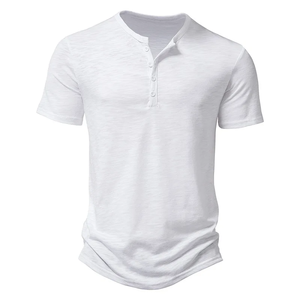 Henley เสื้อยืดคอปกแขนสั้นลำลองสำหรับผู้ชาย, สีทึบผ้าฝ้าย100% สำหรับสไตล์โปโล - Product Image 5