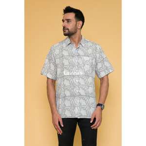 Chemise grise pour hommes, chemises en coton décentes à imprimé floral pour hommes, chemise pour hommes à manches courtes en coton imprimé à la main, chemises décontractées - Product Image 6