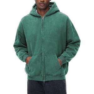 Green Drop Shoulder Vintage Acid Wash Hoodies Hombres Oversized Baggy 100% Cotton Blended Full Zipper Streetwear Hoodie - Product Image 1
