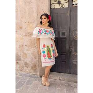 Vestido Blanco de Mujer con Hombros Descubiertos, Bordado Mexicano, Lavable, con Estampado de la Virgen de Guadalupe, Estilo Bohemio Tradicional de Verano - Product Image 2