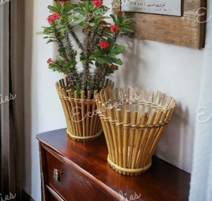 Handcrafted Bohemian Style Vintage <b>Bamboo</b> Weaving Abstract Pattern Concrete Flowerpot Set of 2 for Garden Outdoor Decor - Product Image 1