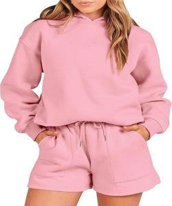 ชุดเซ็ตเสื้อฮู้ดดี้โอเวอร์ไซส์ปักลายลำลองผ้าฝ้ายออร์แกนิค 100% เป็นมิตรกับสิ่งแวดล้อม พร้อมกางเกงขาสั้นสำหรับผู้หญิง รุ่นใหม่ล่าสุด - Product Image 1