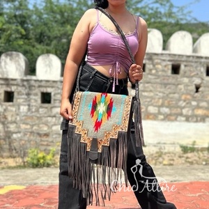 New Western Stylish Saddled <b>Blanket</b> Handbag Real Handcrafted Aztec Multi Color Tooled Leather Beaded Strap Tassel Crossbody Bags - Product Image 1