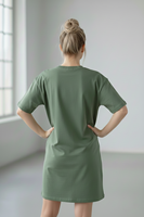 Gaun Klub Wanita Model O-neck Lengan Pendek Longgar, Kaos Seksi Ekstra Panjang 100% Katun Modal Bermotif Kancing