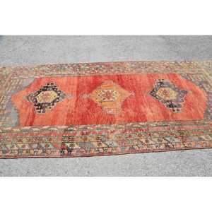 4.8x11.5 ft Vintage Rug, Turkish Large Rug, <b>Red</b> Blue Striped <b>Wool</b> Rug - Product Image 4