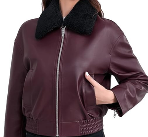 Chaqueta de cuero para mujer, chaqueta bomber de piel de cordero, cuello de Sherpa extraíble, cremallera frontal - Product Image 1