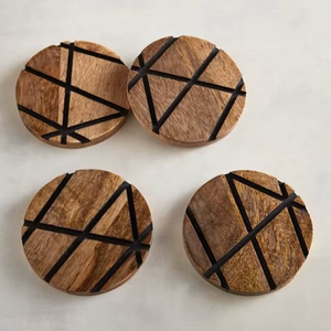 Modern Round Wood <b>Coaster</b> <b>Set</b> of 4 with Black Striped Design Stylish Durable Wooden Drink Mats and Pads for Home Office Decor - Product Image 5