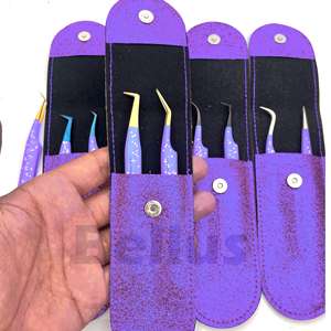 Pinzas de extensión de pestañas con 2 uds. Bolsa de almacenamiento de cuero PU Estuche de viaje púrpura Embalaje con logotipo personalizado - Product Image 3