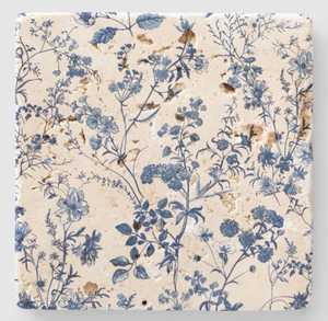 French Toile De Jouy Marble <b>Coaster</b> Set Wildflower <b>Blue</b> White Elegant Home Decor - Product Image 1