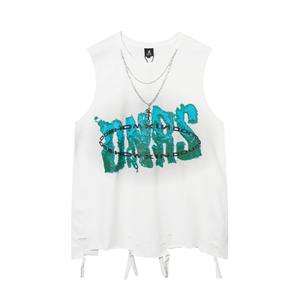 Chalecos de Hip Hop de verano con cadena Ropa de calle europea y americana Chaleco Collar rasgado lavado para hombres Camisetas sin mangas Tops - Product Image 4