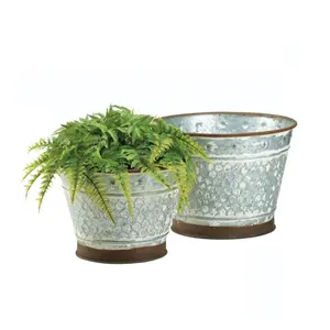 Conjunto de 2 plantadores de metal galvanizado para decoração de jardim, balde antigo, fornecedores indianos, tamanho regular, feito à mão
