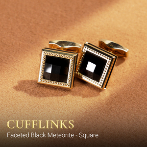 Boutons de manchette de luxe pour homme [Collection Tinh Vu] plaqués or 18 carats - Pierre précieuse météorite noire facettée Fengshui (MSDADEG006) - Vietnam - Product Image 1