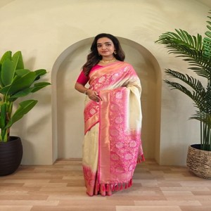Sari de Seda Elegante de Dos Tonos VASTRA COTTAGE con Tejido Zari en Toda la Superficie, Pallu de Contraste, Sari Tradicional para Fiestas - Product Image 2