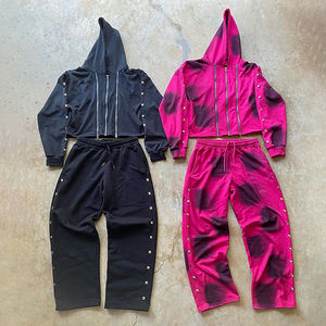 Survêtements personnalisés respirants grande taille épais à triple fermeture éclair coupe carrée entièrement imprimés avec strass longueur intégrale délavés à l'acide pour femmes évasés - Product Image 1