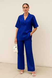 Tenue décontractée et semi-formelle disponible en tailles M L XL XXL Ensemble chic en polyester bleu deux pièces avec haut et pantalon large - Product Image 6