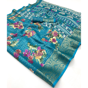 สารีไหมโดลาบริสุทธิ์พิมพ์ลายดอกไม้ในเฉดสีพาสเทล dola Silk สารีสีม่วงพร้อมการตกแต่ง zari หนัก - Product Image 2