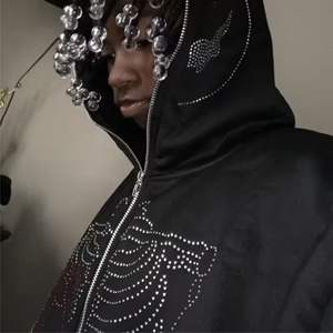 Venta al por mayor Hombres Mujeres Sudadera con capucha Full Zip up Rhinestone Oversized Streetwear Sudaderas - Product Image 6