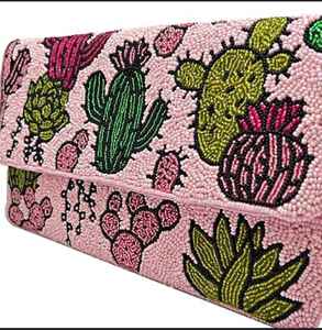 Sac à main chaîne bandoulière en perles de style bohème du sud-ouest avec cactus du désert rose succulent - Product Image 3