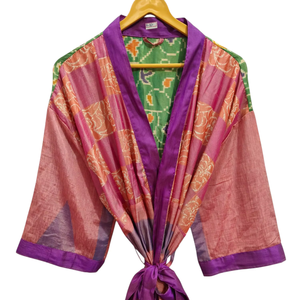 ชุดกิโมโนผ้าไหมส่าหรีลายดอกไม้แนววินเทจชุดคลุมส่าหรีชุดปาร์ตี้ชายหาดผ้านุ่มทำมือสไตล์อินเดีย - Product Image 1