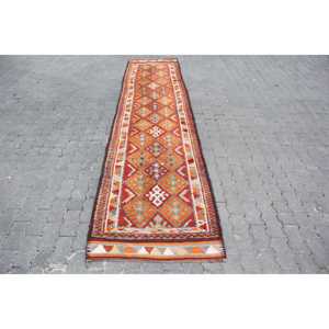 Alfombra Turca de 2.6x11.9 pies, Alfombra Vintage, Alfombra de Lana con Diseño Floral Rojo Anaranjado - Product Image 1