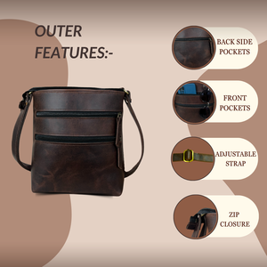 Sac à bandoulière en cuir véritable pour femme avec fermeture à glissière sangle réglable poches avant et arrière - Product Image 5