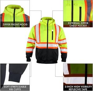 Vestes de sécurité bomber personnalisées, haute visibilité, imperméables, à fond noir, avec doublure polaire amovible et capuche escamotable - Product Image 2