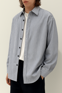 Camisa de Hombre de Manga Larga a Rayas con Botones |   Camisa Casual de Algodón de Corte Holgado |   Fabricante OEM/ODM - Product Image 4