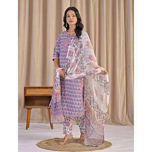 Light Blue Hand Drawn <b>Block</b> <b>Printed</b> Cotton Kurta Pant Set Indian Ethnic Suit for Girls for Daily Wear Parties Special Occasions - Product Image 4