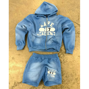 Custom logo OEM Acid Wash Sun Faded Distressed Vintage Hoodie and Sweat <b>Shorts</b> <b>Zip</b> up Hoodie Puff Print <b>Shorts</b> Set <b>Men</b> tracksuit - Product Image 4
