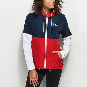 เสื้อแจ็กเก็ตกันลมมีฮู้ดผู้หญิง, เสื้อโค้ทกันลมมีแผงสีแดงและสีขาว - Product Image 1