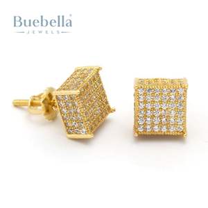 Gran oferta, joyas BUEBELLA S925, pendientes de tuerca de racimo de diamantes redondos chapados en plata de ley, estilo Hiphop, boda para mujer - Product Image 1