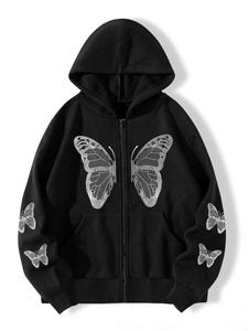 Sudadera con Capucha Azul para Mujer, con Cierre y Estampado de Mariposas con Lentejuelas, Estilo Casual para Otoño, 100% Algodón Tejido, Corte Regular - Product Image 3