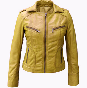 Elegante chaqueta de cuero de piel de oveja amarilla para mujer teñida lisa con diseño de moda - Product Image 1