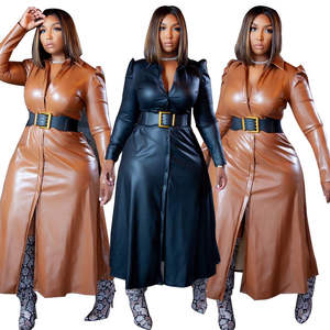 เสื้อโค้ทหนัง PU ไซส์พลัสสำหรับผู้หญิง ทรงเดรสลำลอง ดีไซน์เสื้อเชิ้ตแต่งเอวธรรมชาติและดีเทลผ่าข้าง - Product Image 1