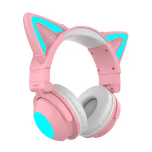 Wireless Over The Ear Headphones Bluetooth' Cute Cat Ear Pink Headphones For Girls Light Up Headband Foldable Headphones
