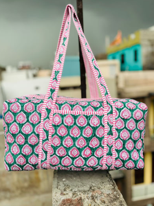 Grand sac de voyage en coton, sac de voyage en tissu matelassé fait à la main, sacs de voyage de nuit imprimés à la main, sac à main - Product Image 5