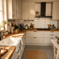 Armoires de cuisine Shaker modernes style ferme, blanc crème personnalisé, en bois massif, écologiques, garantie 5 ans, modulaires