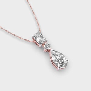 IGI Certified Radiant, Round & Pear Cut Lab Grown Diamond 3 <b>Stone</b> Drop Pendant in 14K Yellow / White & Rose Gold - Product Image 2