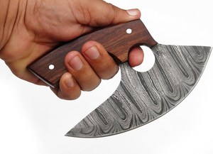 Couteau à pizza Ulu en acier Damas Nordic Forge, manche en bois de rose, étui en cuir, fait main, OEM, professionnel, ambidextre - Product Image 4