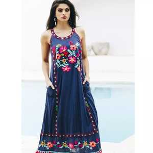 Vestido largo bordado de manga larga para mujer, ropa Sexy de estilo Vintage con flores, azul, mexicana, 2022 - Product Image 1