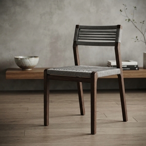 Chaise de salle à manger en corde tressée avec structure en bois de teck massif, chaise d'extérieur sans accoudoirs en corde grise pour patio et jardin, design artistique et décoratif - Product Image 2