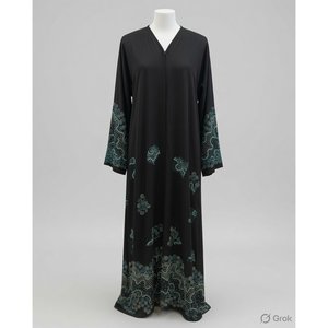 Abaya élégante noire et turquoise brodée en organza, col en V, silhouette trapèze, longueur ras du sol, manches longues - Product Image 4