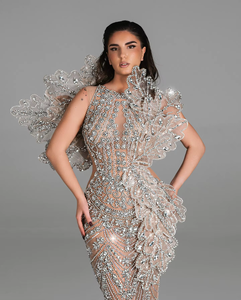 Premium Satin Bridal <b>Dress</b> Handcrafted Traditional Embroidery High Collar Elegant Party Style Printed Pattern Natural - Product Image 3